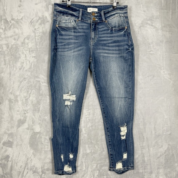 Bke Payton Universal Fit Distressed Destroyed Mid Rise Ankle Skinny Jeans 30 - Picture 2 of 13